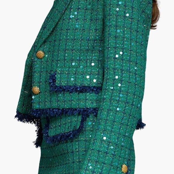NWT Endless Rose Premium Green Navy Tweed Sequin Cropped Blazer Jacket Sz S - Picture 2 of 7